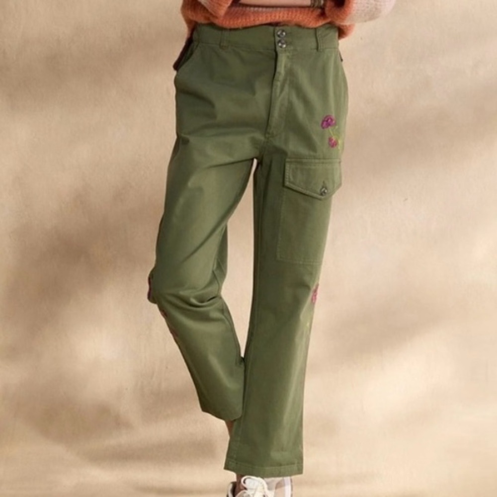 NEW Sundance Women’s Embroidered Cargo Pants 8 Olive Green Boho Cotton Stretch